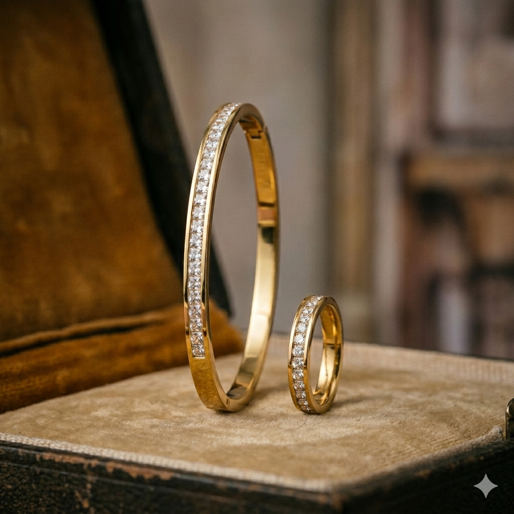 Armreif und passender Ring. Werten Sie Ihren Look mit diesem exquisiten goldenen Set auf, das Einfachheit und Eleganz vereint.